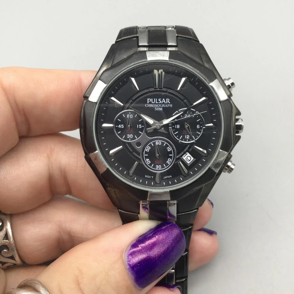 Pulsar Chronograph Mens Watch 38mm Date Stainless VD53-X060 New Battery 6.75